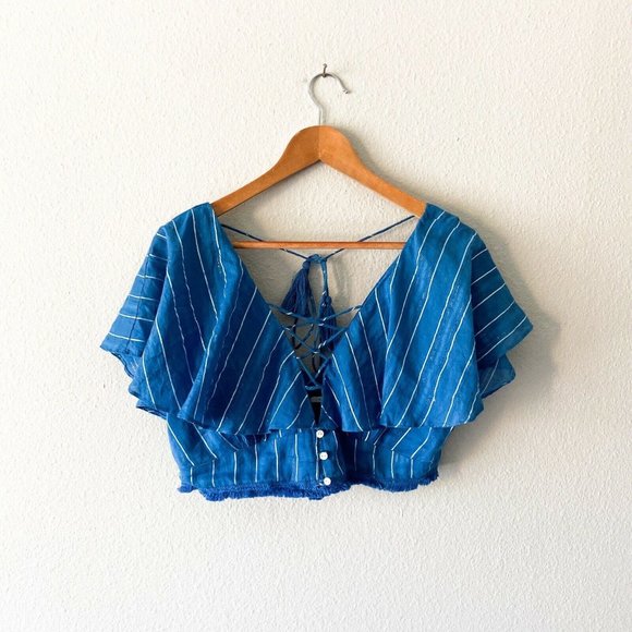 Revolve Tularosa Zoey top In Indigo crop top metallic silver striped tied boho L - Picture 2 of 9